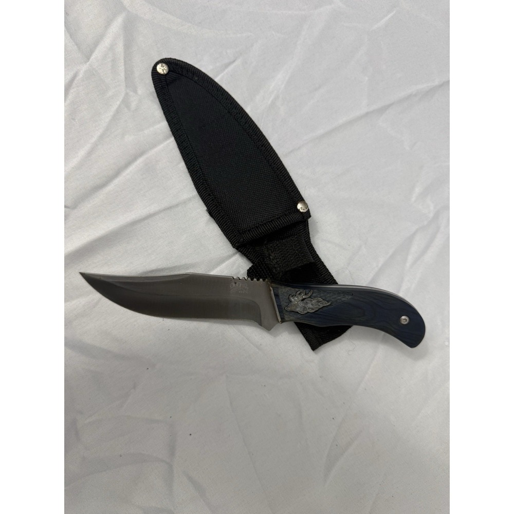 Hunting Fixed Blade Knife, Clip Point Plain Edge Silver Blade w/ Sheath